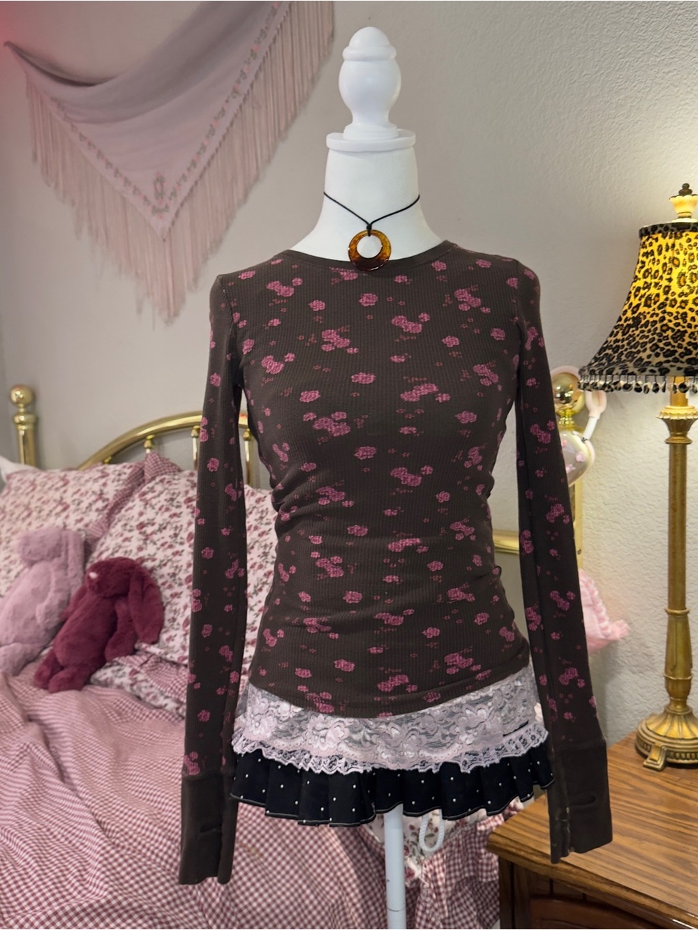 Y2K Brown Long-Sleeve Ribbed Top with Pink Floral Print